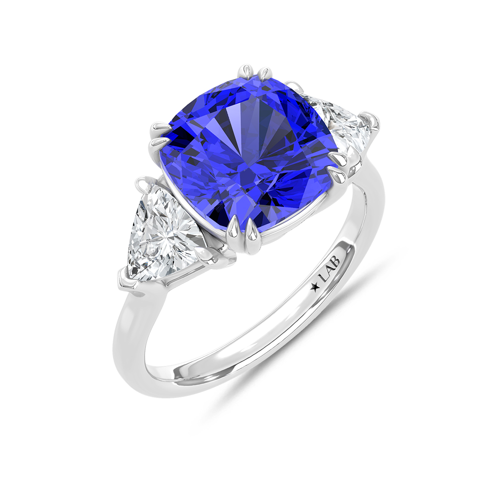 14K White Gold Lab Grown Diamond 7 1/5 Ct.Tw. Cushion Shape Recrystalized Blue Sapphire Engagement Ring (Center 5 3/4 ct)