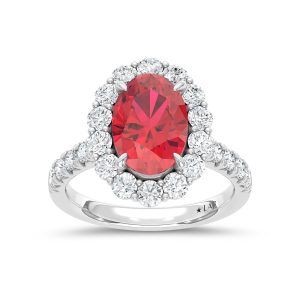 14K White Gold Lab Grown Diamond 6 1/2 Ct.Tw. Oval Shape Recrystalized Ruby Engagement Ring (Center 5 ct)
