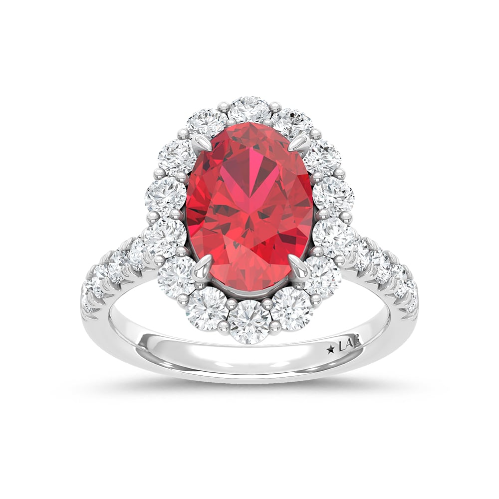 14K White Gold Lab Grown Diamond 6 1/2 Ct.Tw. Oval Shape Recrystalized Ruby Engagement Ring (Center 5 ct)