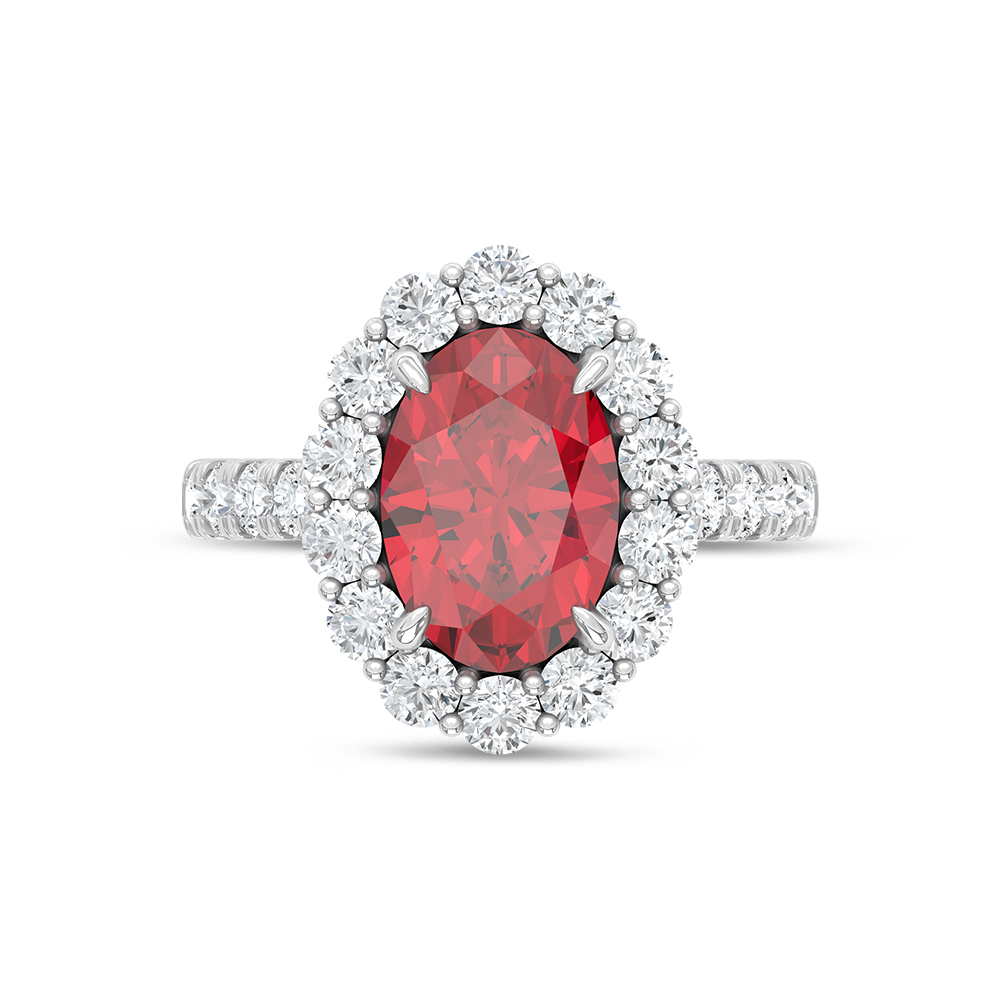 14K White Gold Lab Grown Diamond 6 1/2 Ct.Tw. Oval Shape Recrystalized Ruby Engagement Ring (Center 5 ct)