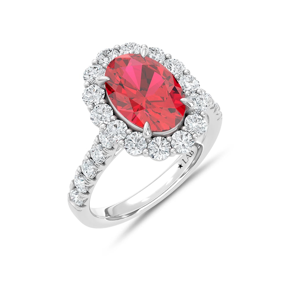 14K White Gold Lab Grown Diamond 6 1/2 Ct.Tw. Oval Shape Recrystalized Ruby Engagement Ring (Center 5 ct)