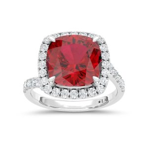 14K White Gold Lab Grown Diamond 8 1/2 Ct.Tw. Cushion Shape Recrystalized Ruby Engagement Ring (Center 7 3/4 ct)