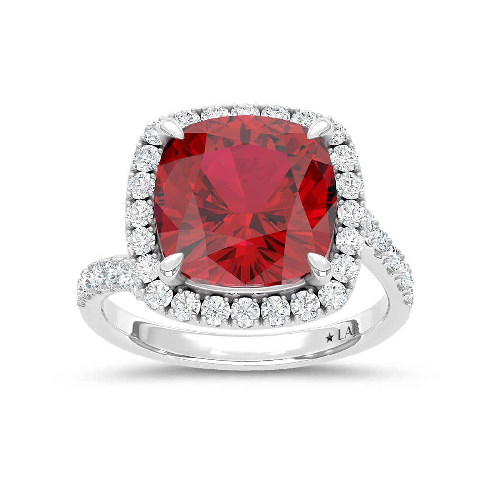 14K White Gold Lab Grown Diamond 8 1/2 Ct.Tw. Cushion Shape Recrystalized Ruby Engagement Ring (Center 7 3/4 ct)