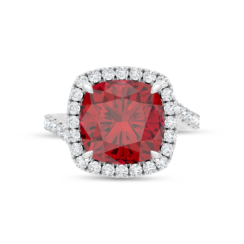 14K White Gold Lab Grown Diamond 8 1/2 Ct.Tw. Cushion Shape Recrystalized Ruby Engagement Ring (Center 7 3/4 ct)