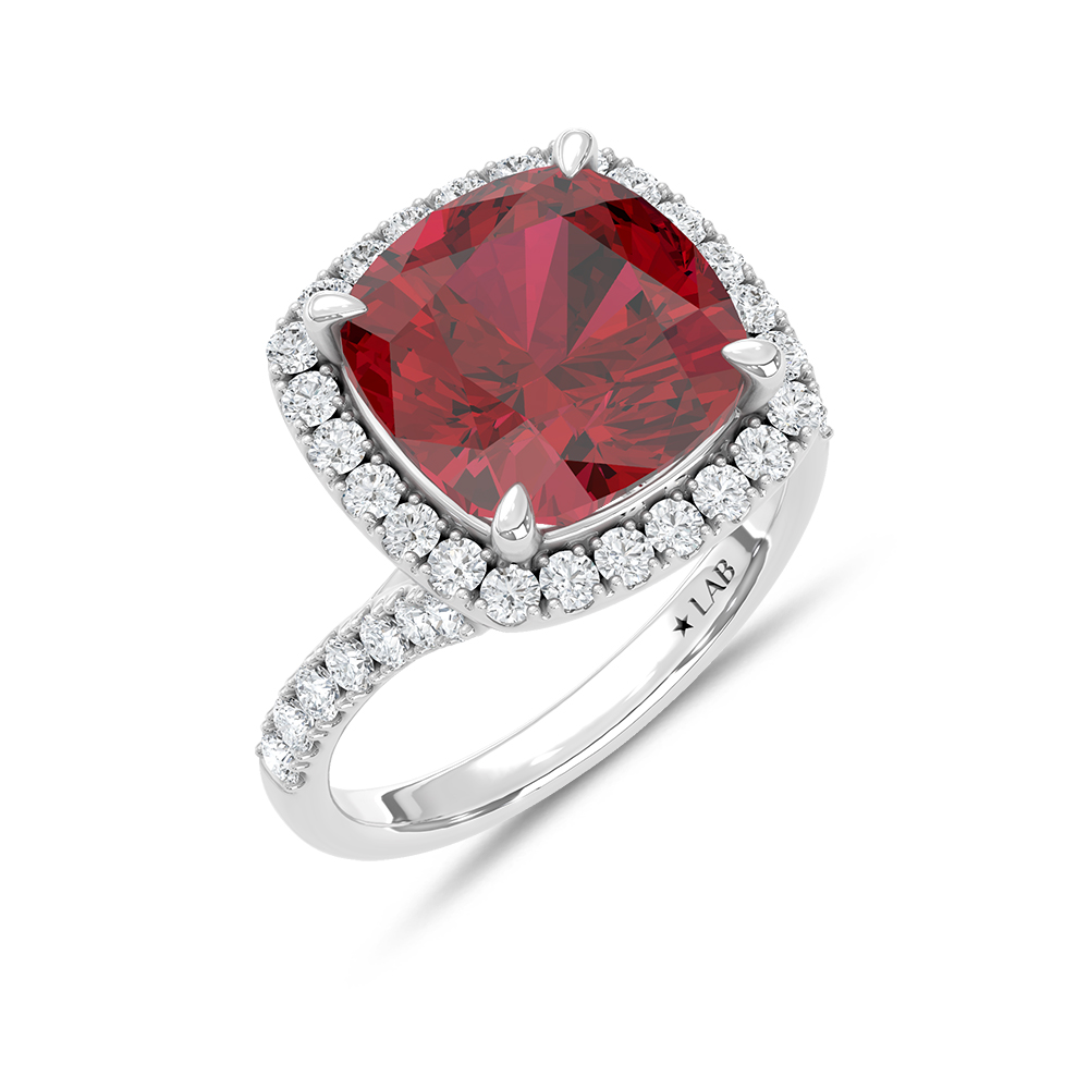 14K White Gold Lab Grown Diamond 8 1/2 Ct.Tw. Cushion Shape Recrystalized Ruby Engagement Ring (Center 7 3/4 ct)