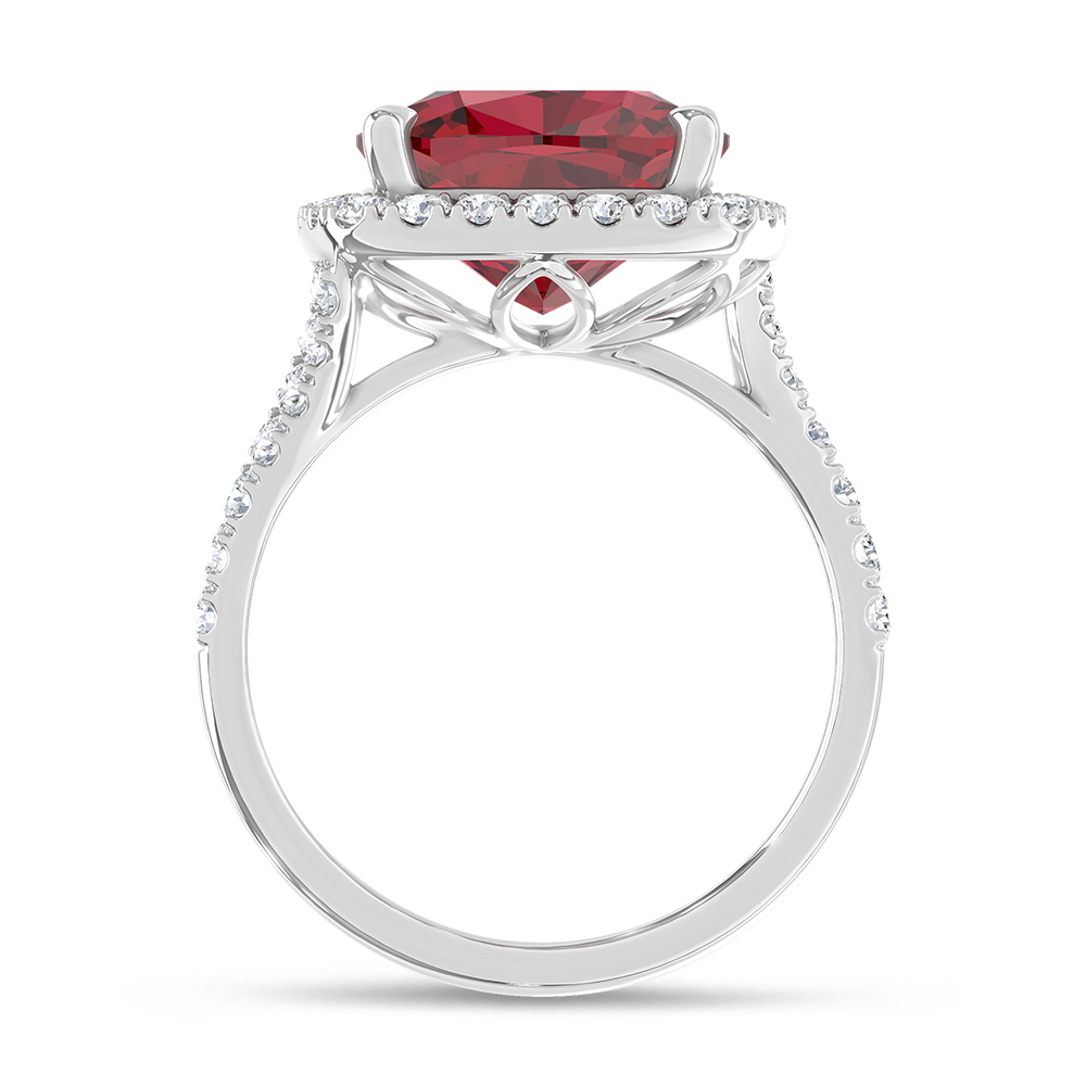 14K White Gold Lab Grown Diamond 8 1/2 Ct.Tw. Cushion Shape Recrystalized Ruby Engagement Ring (Center 7 3/4 ct)