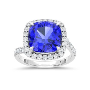 14K White Gold Lab Grown Diamond 8 1/2 Ct.Tw. Cushion Shape Recrystalized Blue Sapphire Engagement Ring (Center 7 3/4 ct)