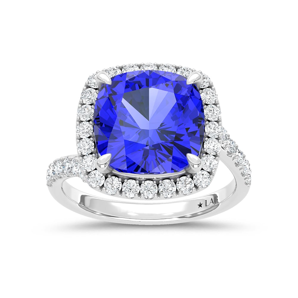 14K White Gold Lab Grown Diamond 8 1/2 Ct.Tw. Cushion Shape Recrystalized Blue Sapphire Engagement Ring (Center 7 3/4 ct)