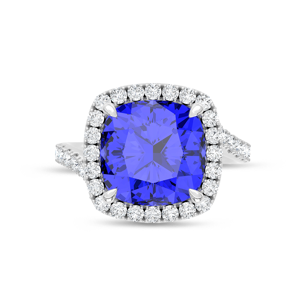 14K White Gold Lab Grown Diamond 8 1/2 Ct.Tw. Cushion Shape Recrystalized Blue Sapphire Engagement Ring (Center 7 3/4 ct)