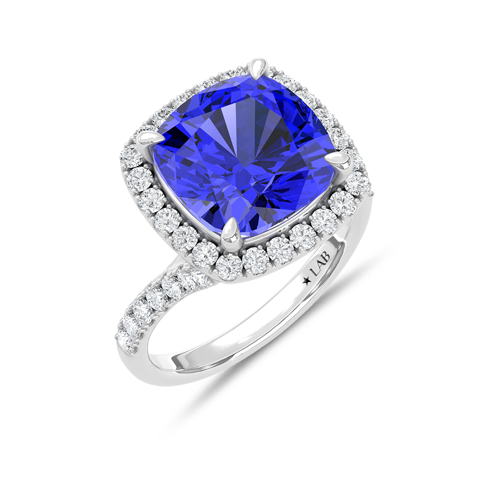 14K White Gold Lab Grown Diamond 8 1/2 Ct.Tw. Cushion Shape Recrystalized Blue Sapphire Engagement Ring (Center 7 3/4 ct)