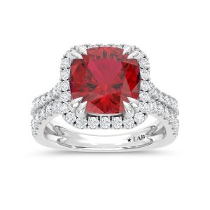 14K White Gold Lab Grown Diamond 6 5/8 Ct.Tw. Cushion Shape Recrystalized Ruby Engagement Ring (Center 5 3/4 ct)