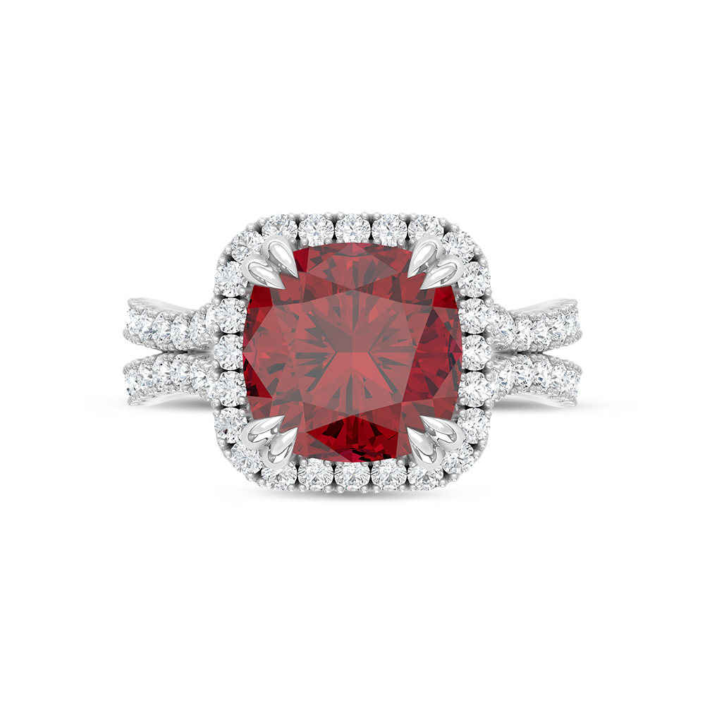 14K White Gold Lab Grown Diamond 6 5/8 Ct.Tw. Cushion Shape Recrystalized Ruby Engagement Ring (Center 5 3/4 ct)
