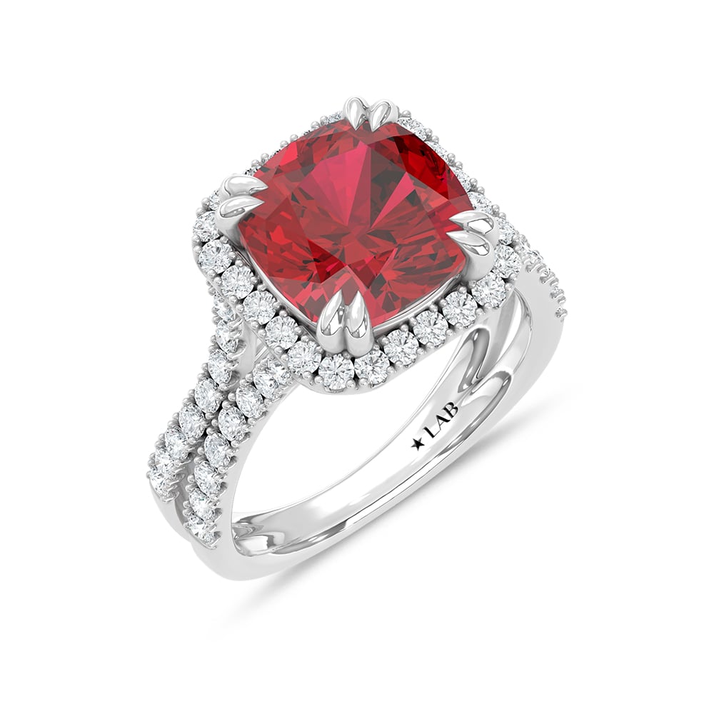 14K White Gold Lab Grown Diamond 6 5/8 Ct.Tw. Cushion Shape Recrystalized Ruby Engagement Ring (Center 5 3/4 ct)