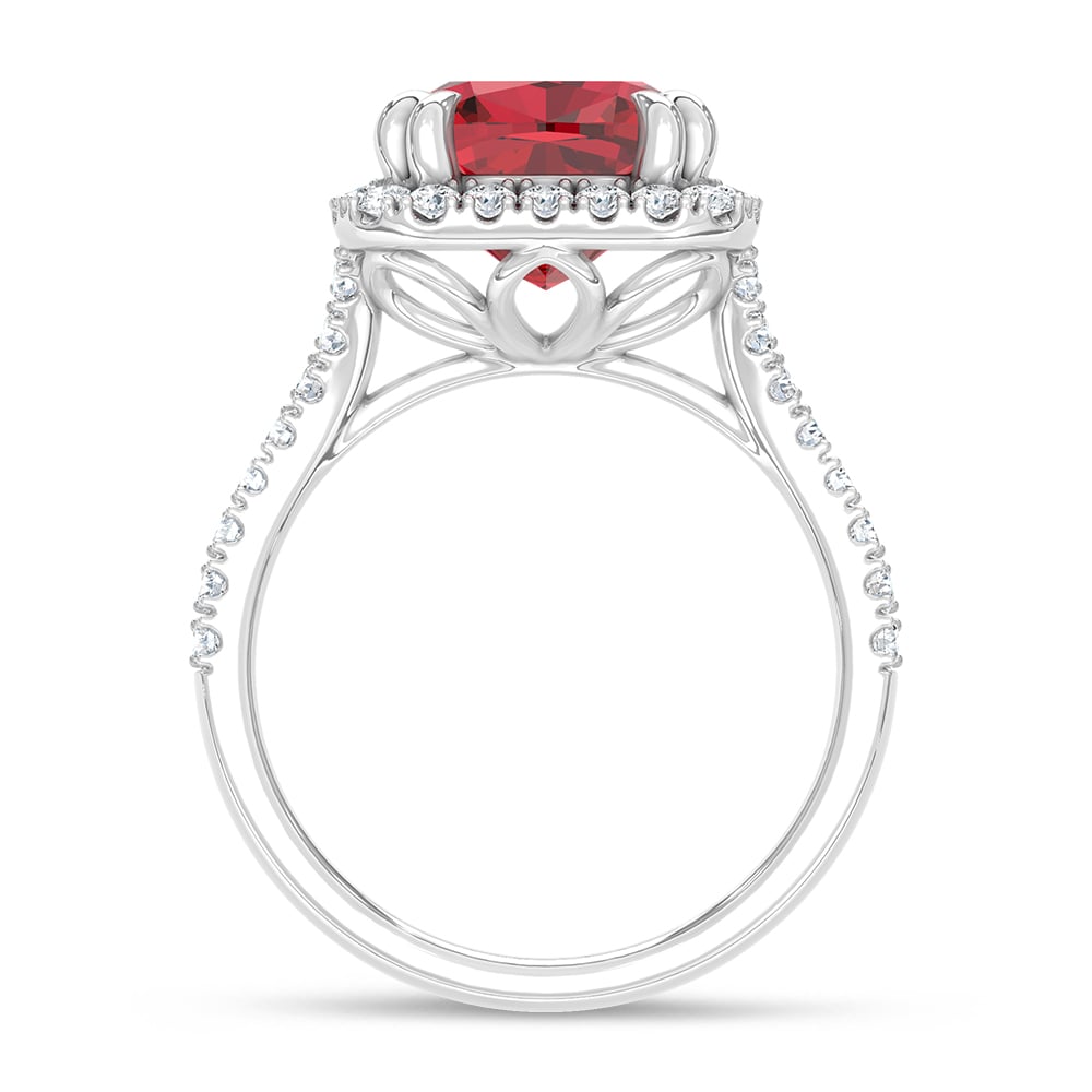14K White Gold Lab Grown Diamond 6 5/8 Ct.Tw. Cushion Shape Recrystalized Ruby Engagement Ring (Center 5 3/4 ct)