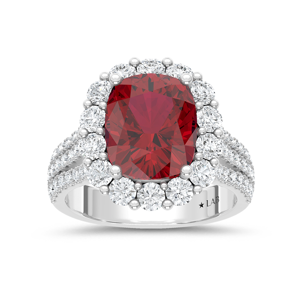 14K White Gold Lab Grown Diamond 7 Ct.Tw. Cushion Shape Recrystalized Ruby Engagement Ring (Center 5 1/2 ct)