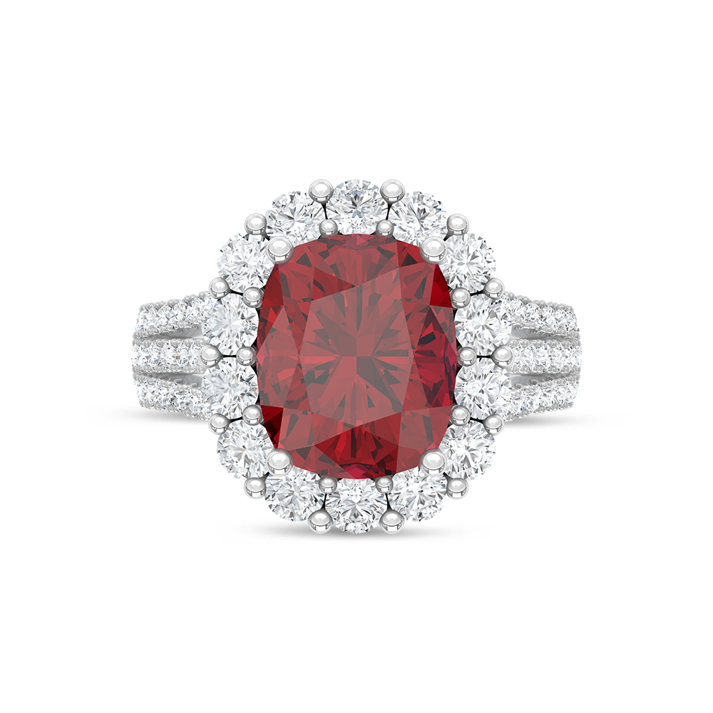 14K White Gold Lab Grown Diamond 7 Ct.Tw. Cushion Shape Recrystalized Ruby Engagement Ring (Center 5 1/2 ct)