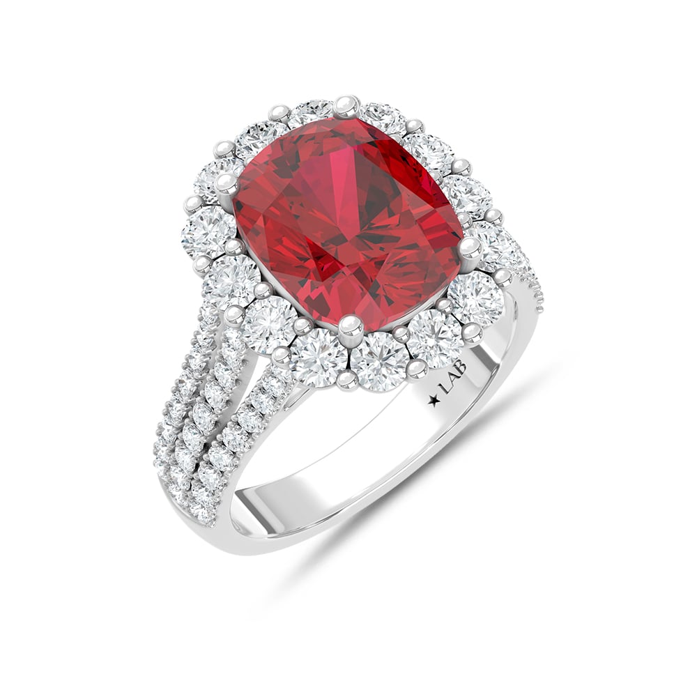 14K White Gold Lab Grown Diamond 7 Ct.Tw. Cushion Shape Recrystalized Ruby Engagement Ring (Center 5 1/2 ct)