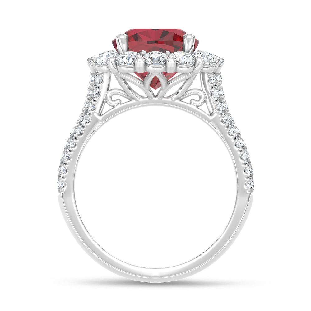 14K White Gold Lab Grown Diamond 7 Ct.Tw. Cushion Shape Recrystalized Ruby Engagement Ring (Center 5 1/2 ct)