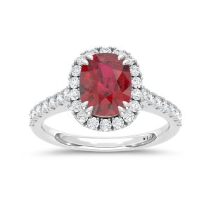 14K White Gold Lab Grown Diamond 3 5/8 Ct.Tw. Cushion Shape Recrystalized Ruby Engagement Ring (Center 3 ct)