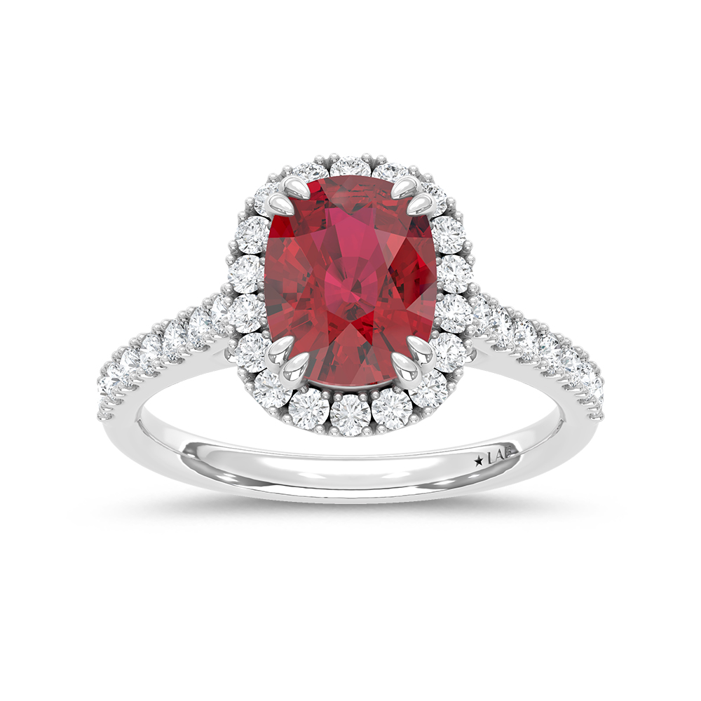 14K White Gold Lab Grown Diamond 3 5/8 Ct.Tw. Cushion Shape Recrystalized Ruby Engagement Ring (Center 3 ct)
