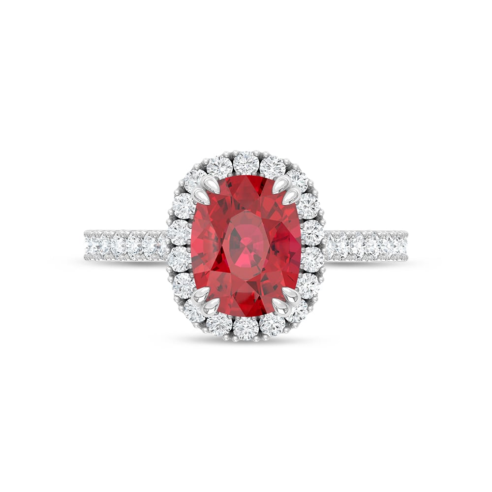 14K White Gold Lab Grown Diamond 3 5/8 Ct.Tw. Cushion Shape Recrystalized Ruby Engagement Ring (Center 3 ct)