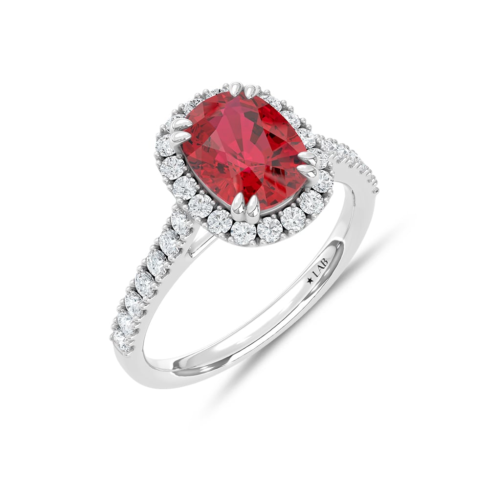 14K White Gold Lab Grown Diamond 3 5/8 Ct.Tw. Cushion Shape Recrystalized Ruby Engagement Ring (Center 3 ct)