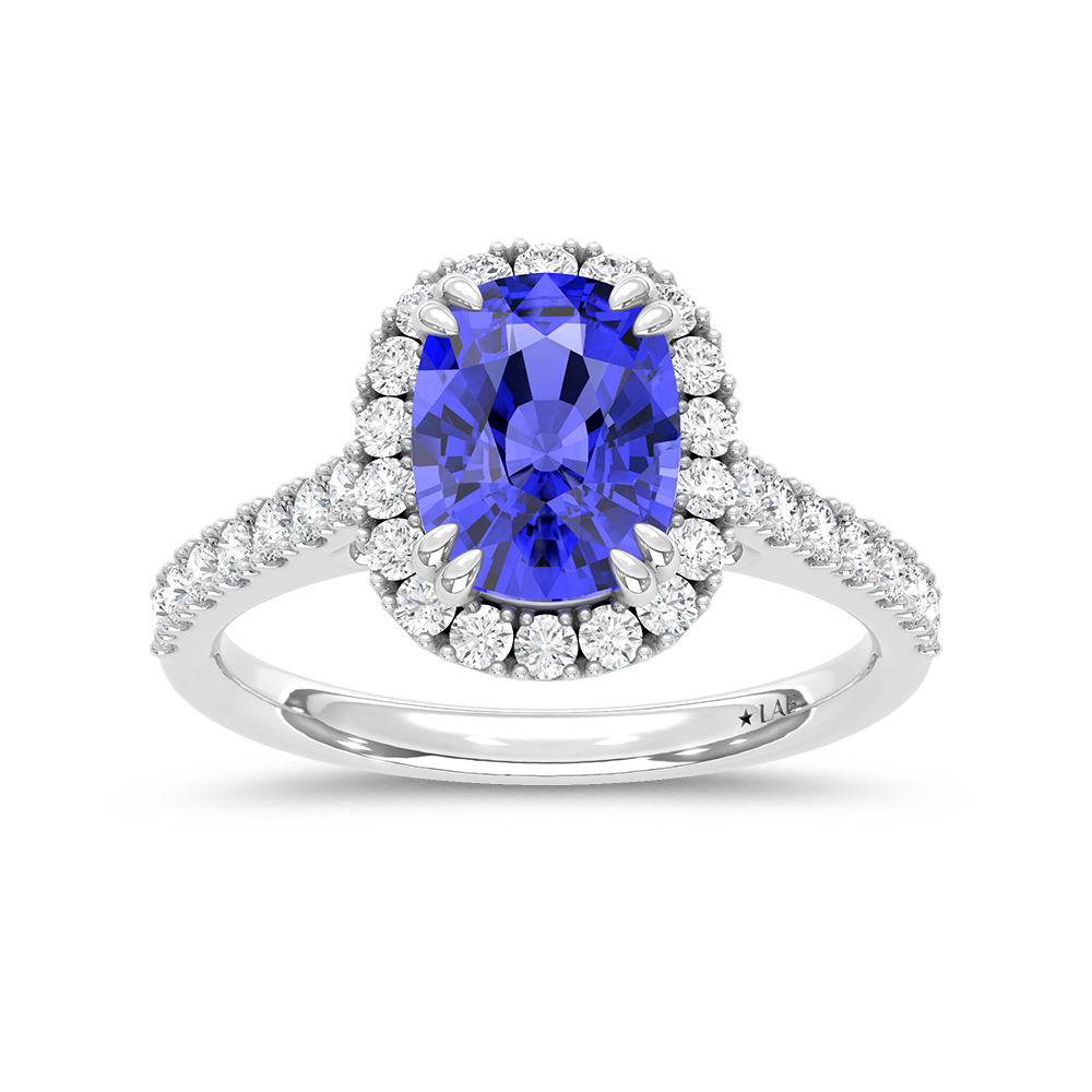 14K White Gold Lab Grown Diamond 3 5/8 Ct.Tw. Cushion Shape Recrystalized Blue Sapphire Engagement Ring (Center 3 ct)