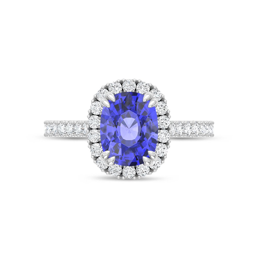 14K White Gold Lab Grown Diamond 3 5/8 Ct.Tw. Cushion Shape Recrystalized Blue Sapphire Engagement Ring (Center 3 ct)