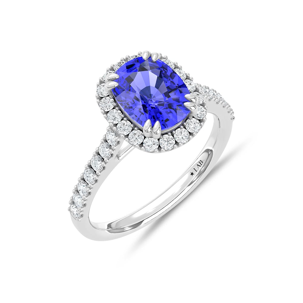 14K White Gold Lab Grown Diamond 3 5/8 Ct.Tw. Cushion Shape Recrystalized Blue Sapphire Engagement Ring (Center 3 ct)