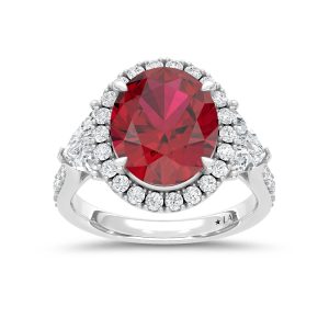 14K White Gold Lab Grown Diamond 8 1/2 Ct.Tw. Oval Shape Recrystalized Ruby Engagement Ring (Center 6 5/8 ct)