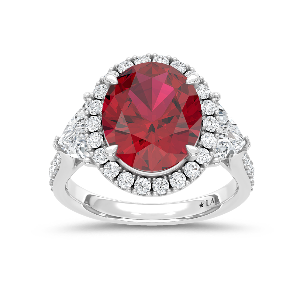 14K White Gold Lab Grown Diamond 8 1/2 Ct.Tw. Oval Shape Recrystalized Ruby Engagement Ring (Center 6 5/8 ct)