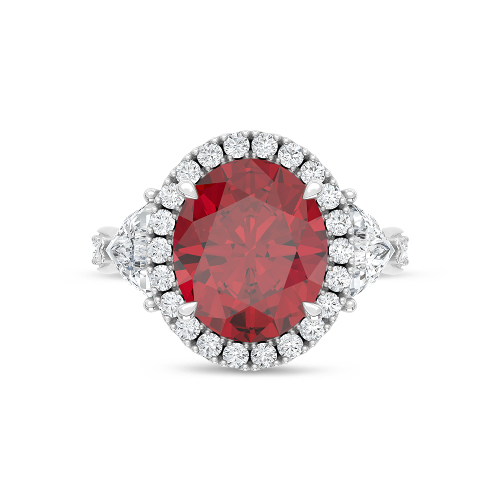 14K White Gold Lab Grown Diamond 8 1/2 Ct.Tw. Oval Shape Recrystalized Ruby Engagement Ring (Center 6 5/8 ct)
