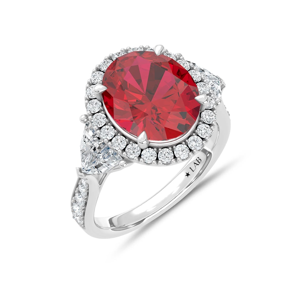 14K White Gold Lab Grown Diamond 8 1/2 Ct.Tw. Oval Shape Recrystalized Ruby Engagement Ring (Center 6 5/8 ct)