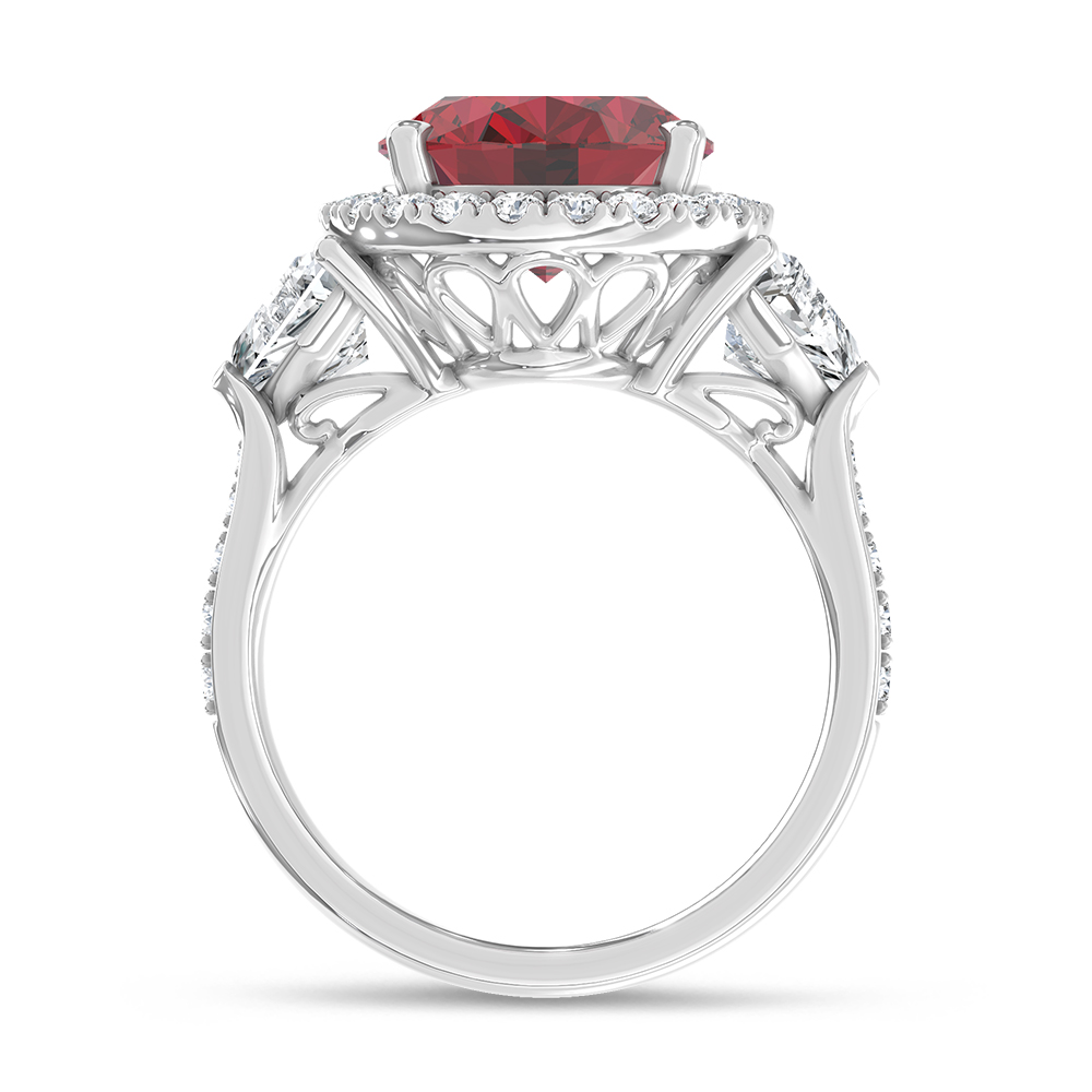 14K White Gold Lab Grown Diamond 8 1/2 Ct.Tw. Oval Shape Recrystalized Ruby Engagement Ring (Center 6 5/8 ct)