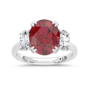 14K White Gold Lab Grown Diamond 6 Ct.Tw. Oval Shape Recrystalized Ruby Engagement Ring (Center 5 ct)