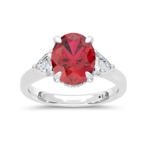 14K White Gold Lab Grown Diamond 4 1/5 Ct.Tw. Oval Shape Recrystalized Ruby Engagement Ring (Center 3 5/8 ct)