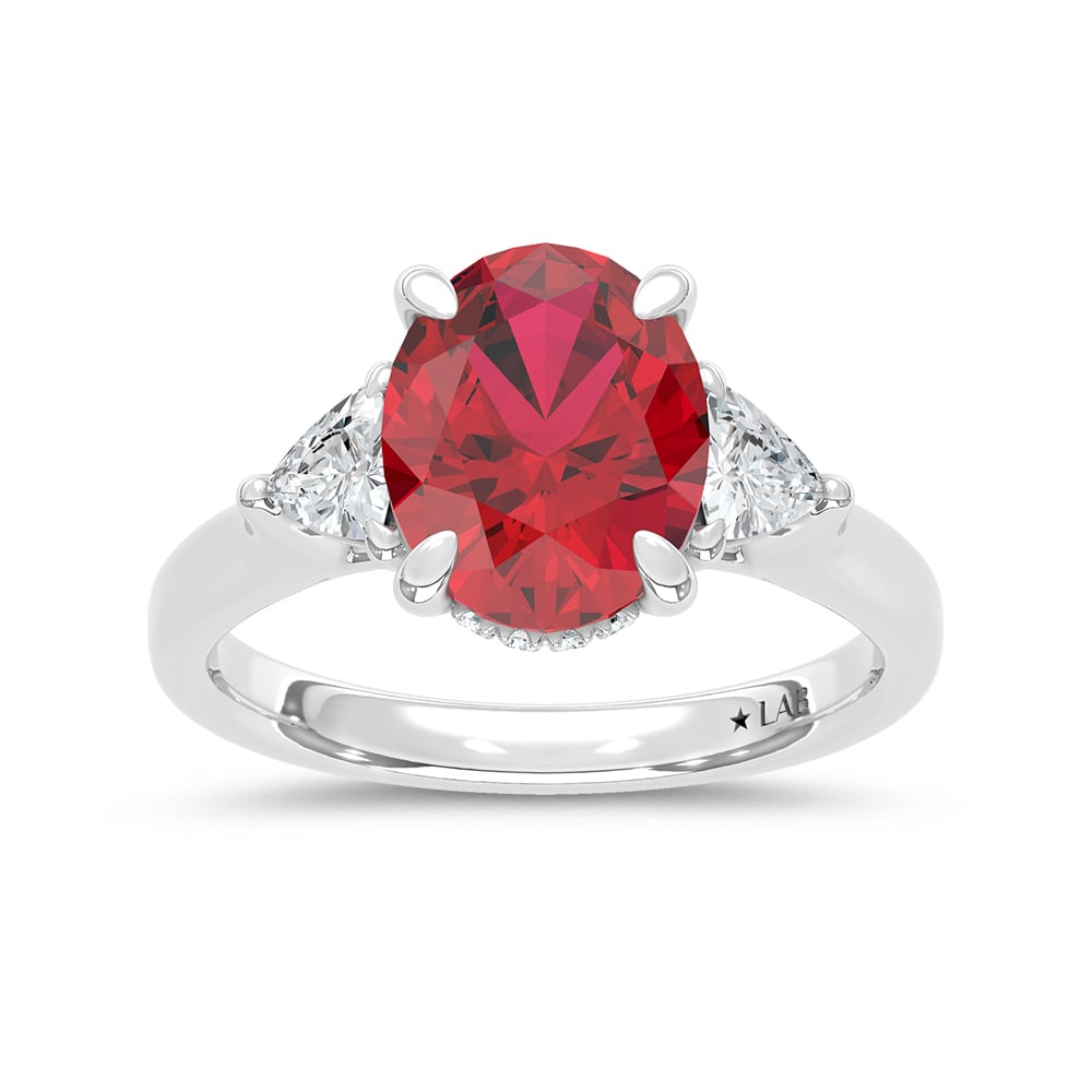 14K White Gold Lab Grown Diamond 4 1/5 Ct.Tw. Oval Shape Recrystalized Ruby Engagement Ring (Center 3 5/8 ct)
