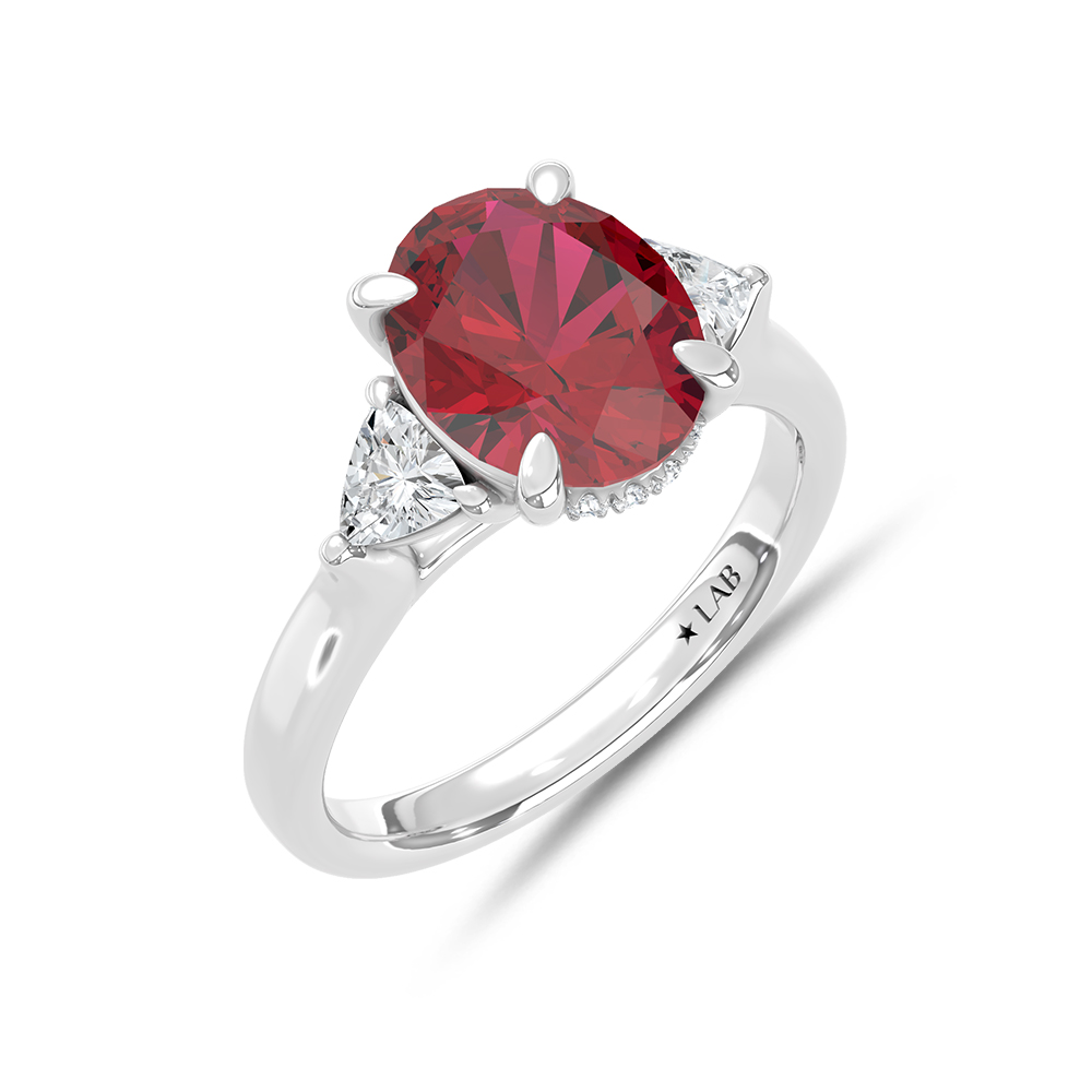 14K White Gold Lab Grown Diamond 4 1/5 Ct.Tw. Oval Shape Recrystalized Ruby Engagement Ring (Center 3 5/8 ct)