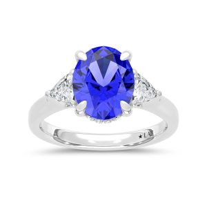 14K White Gold Lab Grown Diamond 4 1/5 Ct.Tw. Oval Shape Recrystalized Blue Sapphire Engagement Ring (Center 3 5/8 ct)