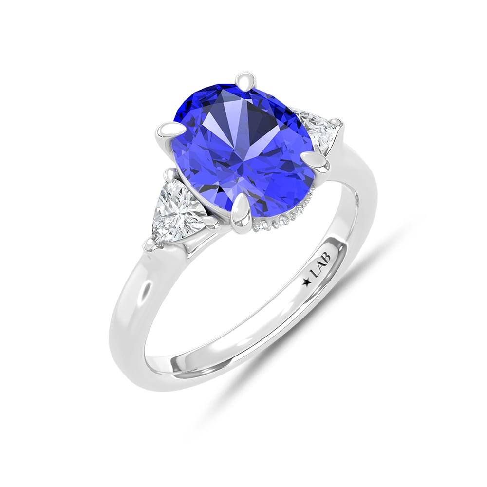 14K White Gold Lab Grown Diamond 4 1/5 Ct.Tw. Oval Shape Recrystalized Blue Sapphire Engagement Ring (Center 3 5/8 ct)