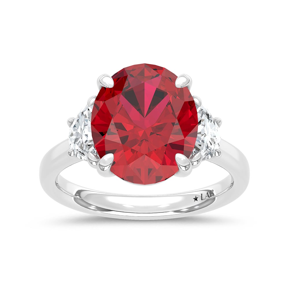 14K White Gold Lab Grown Diamond 7 1/5 Ct.Tw. Oval Shape Recrystalized Ruby Engagement Ring (Center 6 5/8 ct)