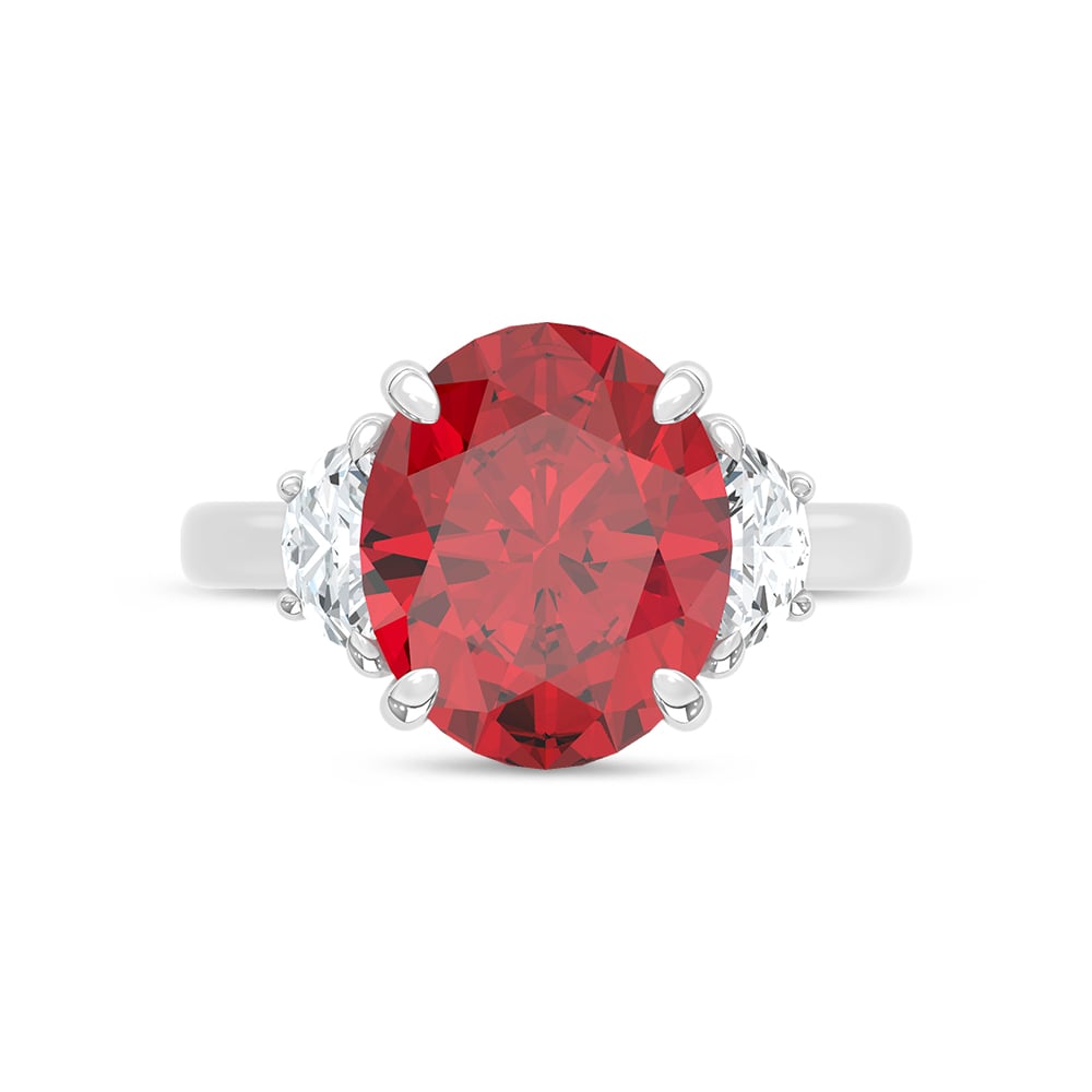 14K White Gold Lab Grown Diamond 7 1/5 Ct.Tw. Oval Shape Recrystalized Ruby Engagement Ring (Center 6 5/8 ct)