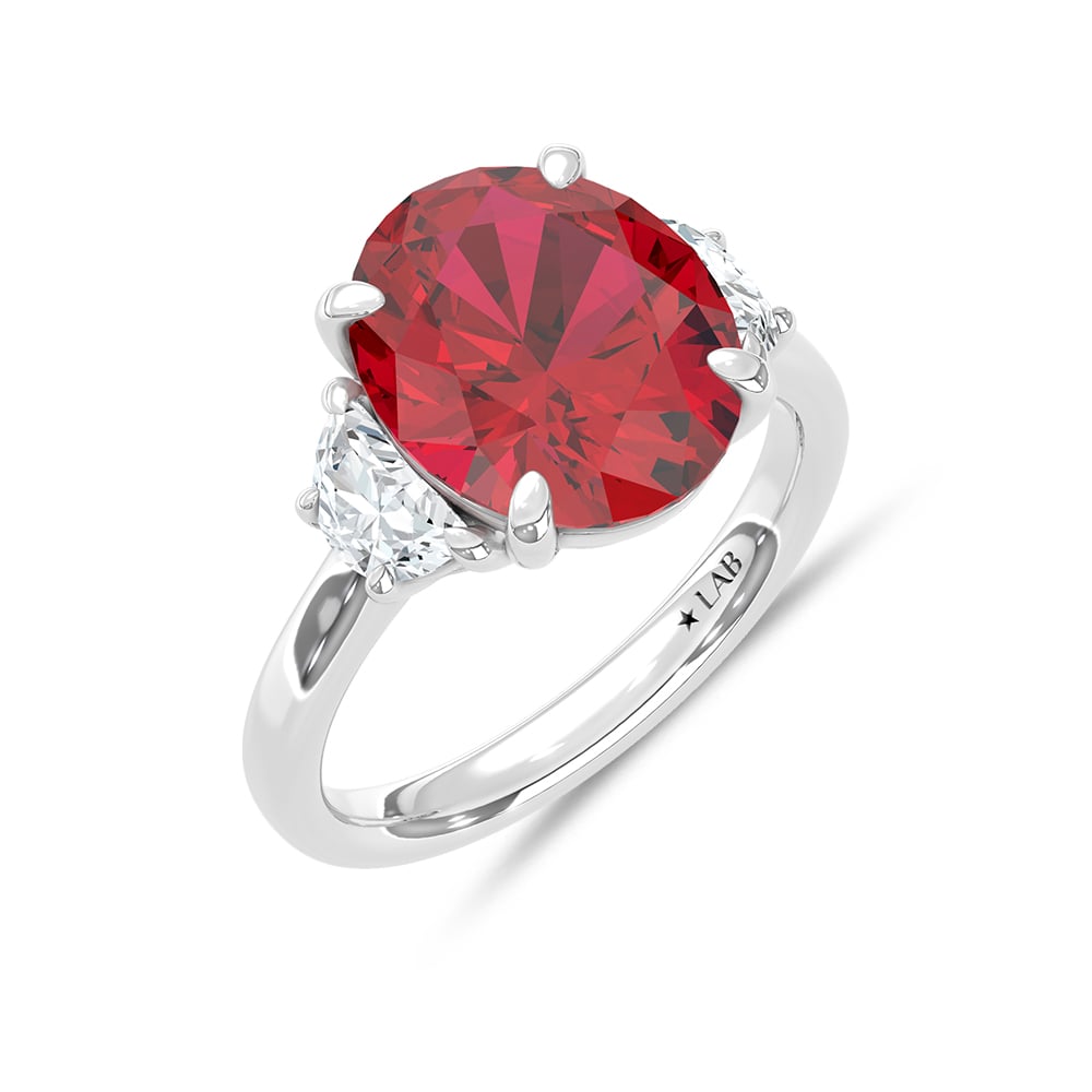 14K White Gold Lab Grown Diamond 7 1/5 Ct.Tw. Oval Shape Recrystalized Ruby Engagement Ring (Center 6 5/8 ct)