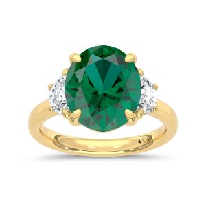 14K Yellow Gold Lab Grown Diamond 5 1/2 Ct.Tw. Oval Shape Recrystalized Emerald Engagement Ring (Center 5 ct)
