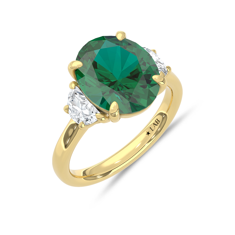 14K Yellow Gold Lab Grown Diamond 5 1/2 Ct.Tw. Oval Shape Recrystalized Emerald Engagement Ring (Center 5 ct)