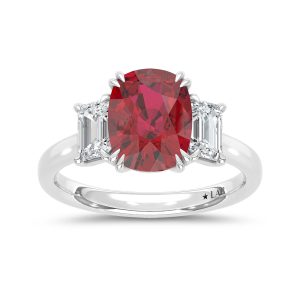 14K White Gold Lab Grown Diamond 4 Ct.Tw. Cushion Shape Recrystalized Ruby Engagement Ring (Center 3 ct)