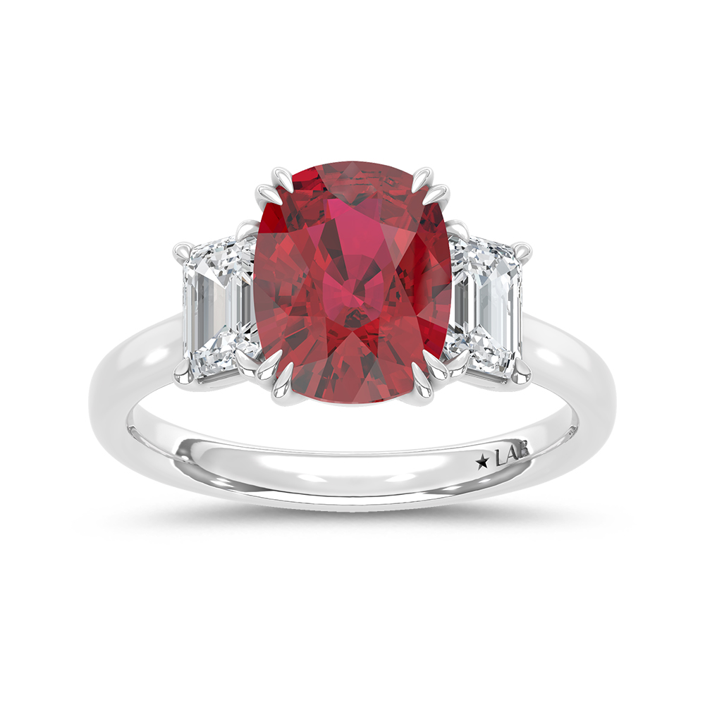 14K White Gold Lab Grown Diamond 4 Ct.Tw. Cushion Shape Recrystalized Ruby Engagement Ring (Center 3 ct)