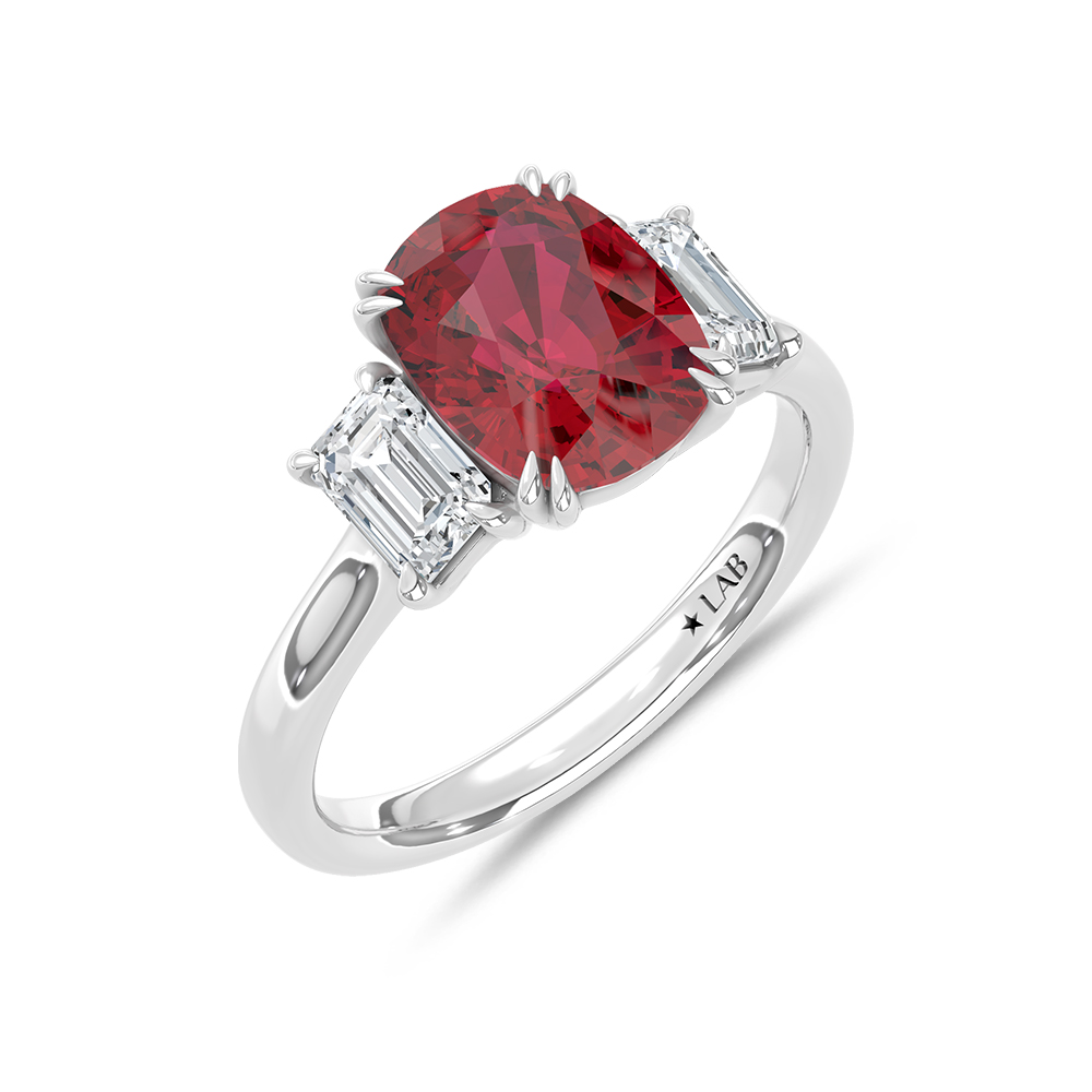 14K White Gold Lab Grown Diamond 4 Ct.Tw. Cushion Shape Recrystalized Ruby Engagement Ring (Center 3 ct)