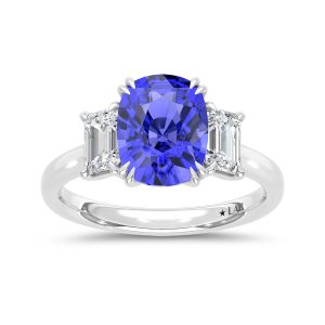 14K White Gold Lab Grown Diamond 4 Ct.Tw. Cushion Shape Recrystalized Blue Sapphire Engagement Ring (Center 3 ct)