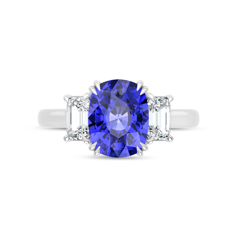 14K White Gold Lab Grown Diamond 4 Ct.Tw. Cushion Shape Recrystalized Blue Sapphire Engagement Ring (Center 3 ct)